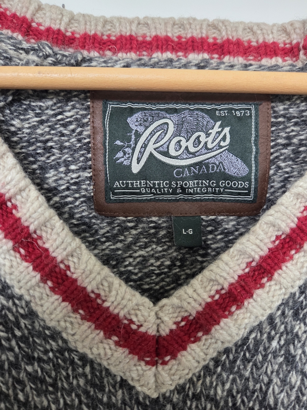 Roots Gray V-Neck Sweater with Cream and Red Stripe Trim - Picture 6 of 6